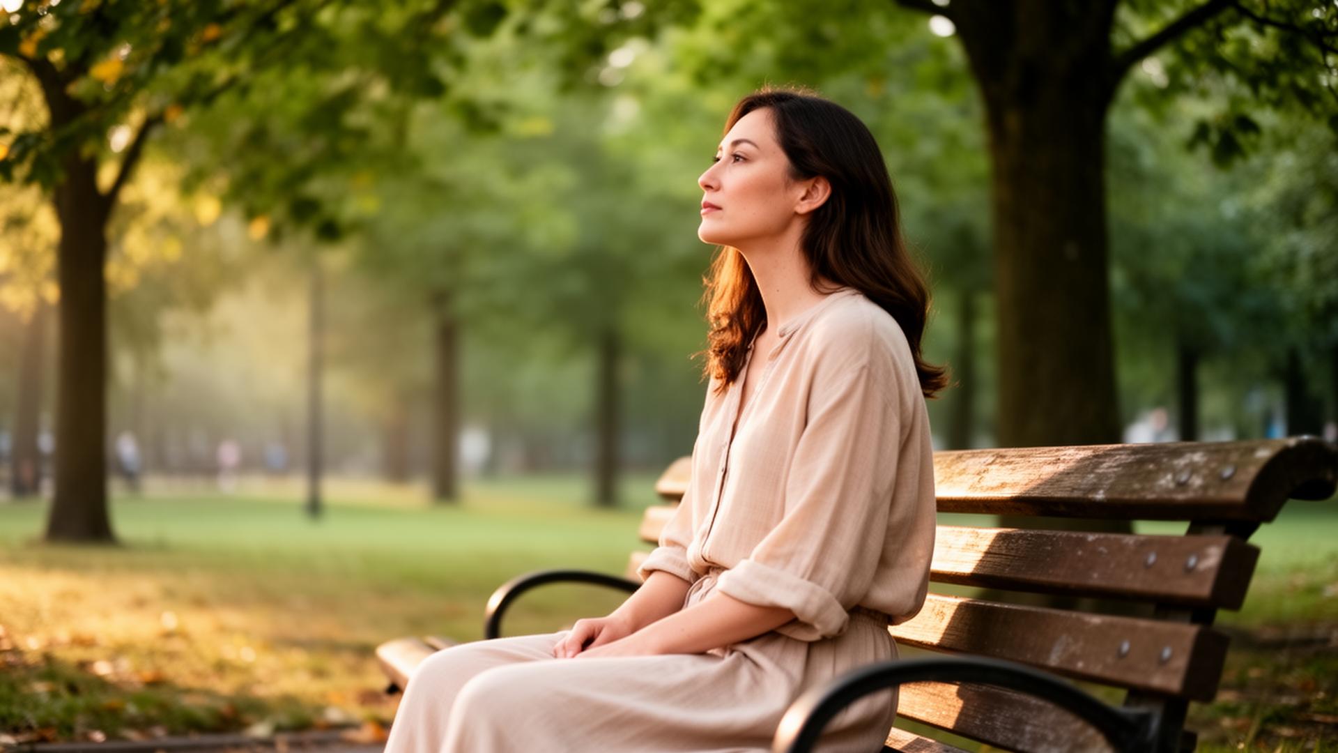 A woman sitting peacefully on a park bench surrounded by trees and soft morning light, reflecting calmly — representing finding peace amid anxiety
