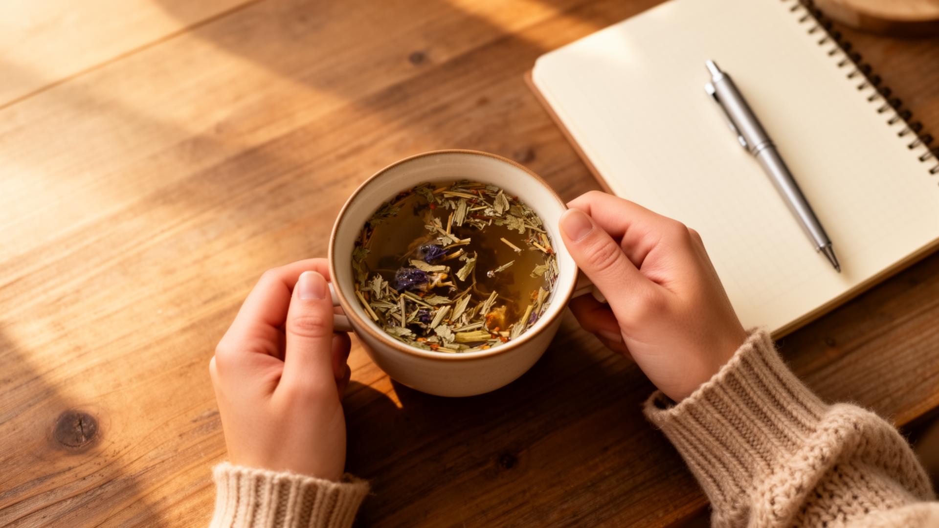 Hands holding a cup of herbal tea beside a journal on a wooden table in warm morning light — representing thoughtful, informed decisions about wellness and medication