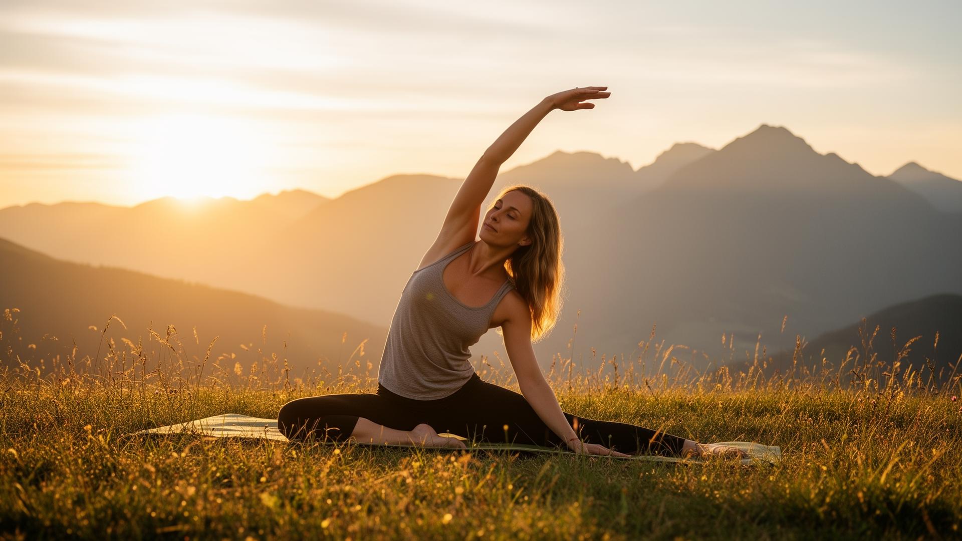 A person stretching on a yoga mat outdoors on a grassy hillside at golden hour with mountains in the background — representing active self-care for mental wellness
