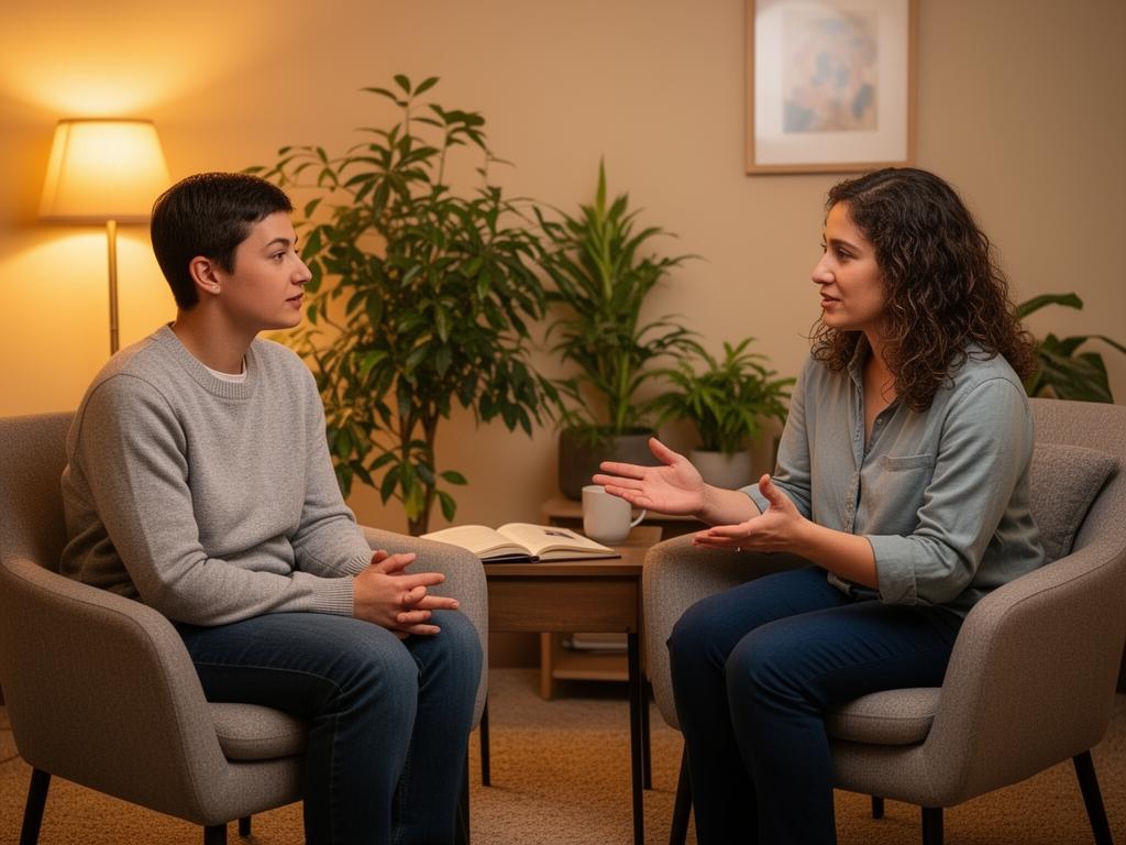 Compassionate therapy session in a warm, supportive environment